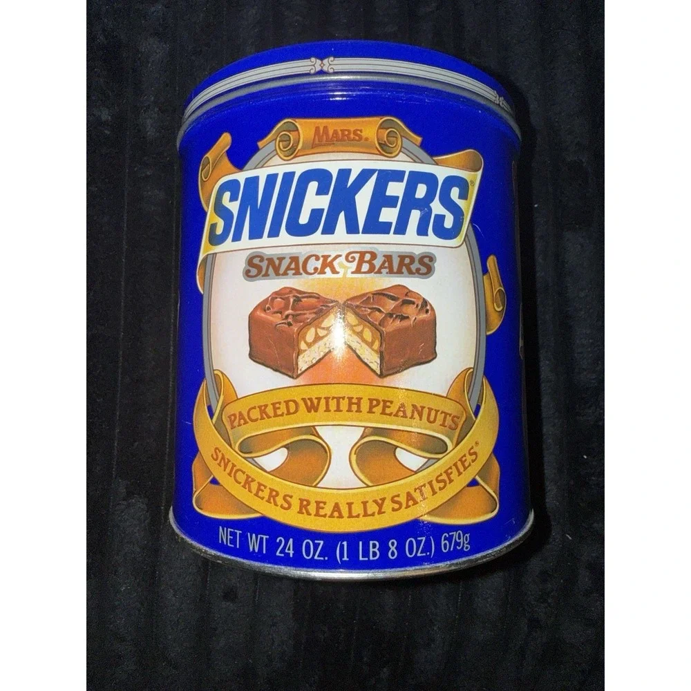 Vintage 1987 Snickers Snack Bars Mars Metal Tin Can 7.5